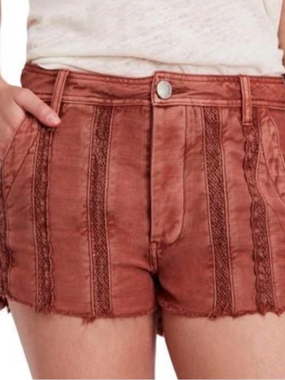 Free People Women's Great Expectations Rust Lace-Trim Denim Shorts